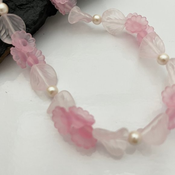 FROSTED PINK PASTEL Celluloid Necklace Pastel Pink Baby Trumpet Cluster Flowers - Picture 4 of 4